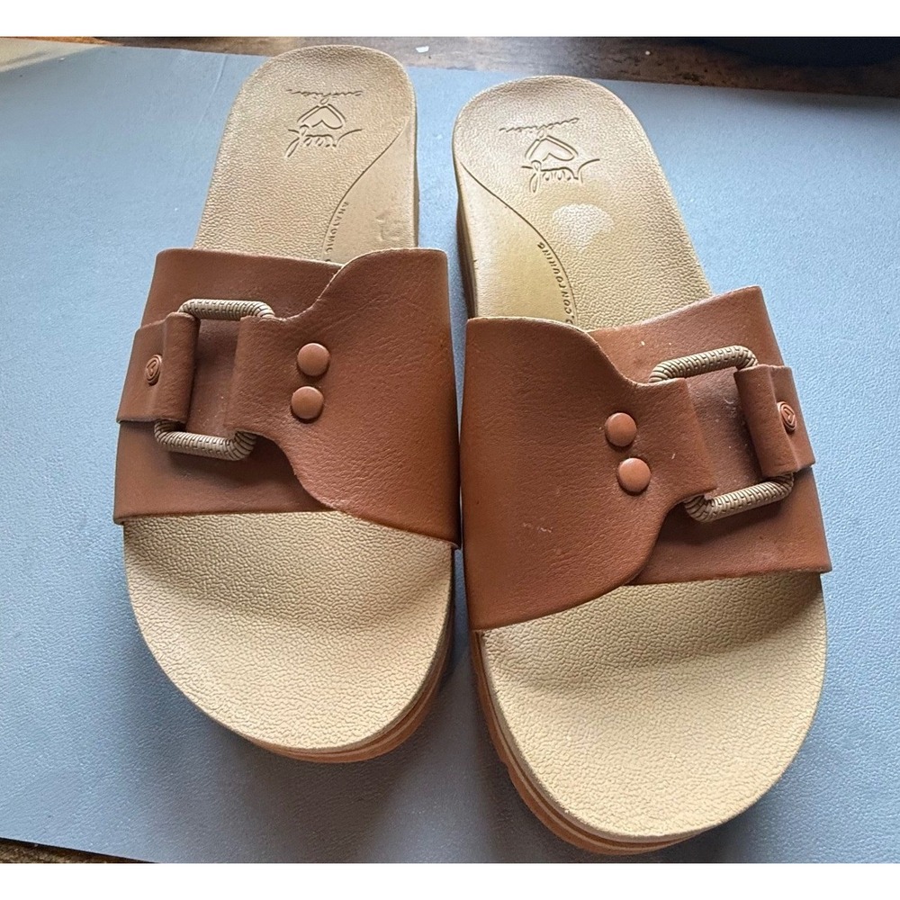 Reef Cushion Horizon Hi Slide Sandals Women's 8 Tan Platform Arch Support Buckle - Picture 3 of 6